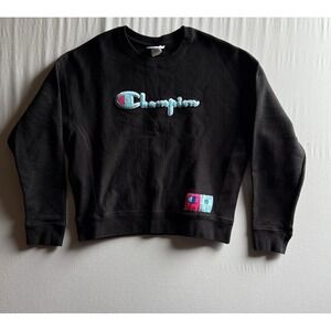 CHAMPION Reverse Weave Sweatshirt Large‎ Black Puffy Spellout Vintage USA